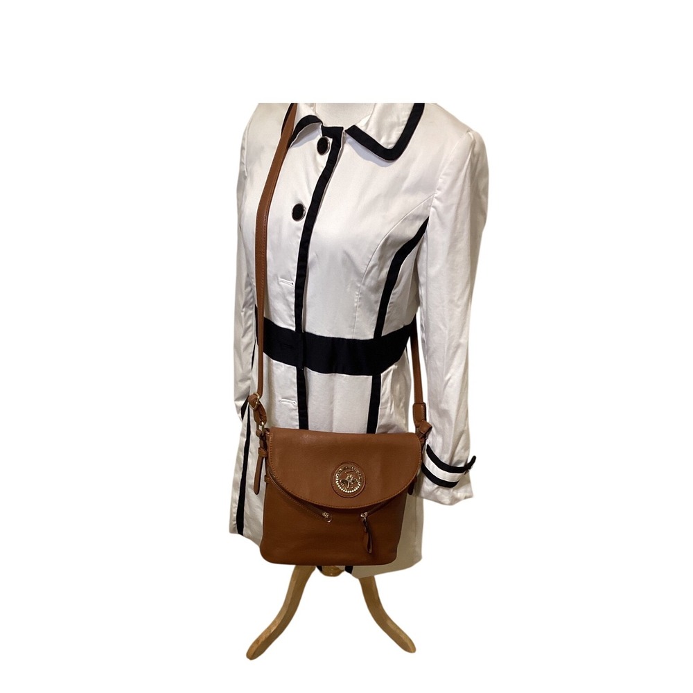 Brown Faux Leather Crossbody Bag With Gold Emblem Flap Zip Pockets